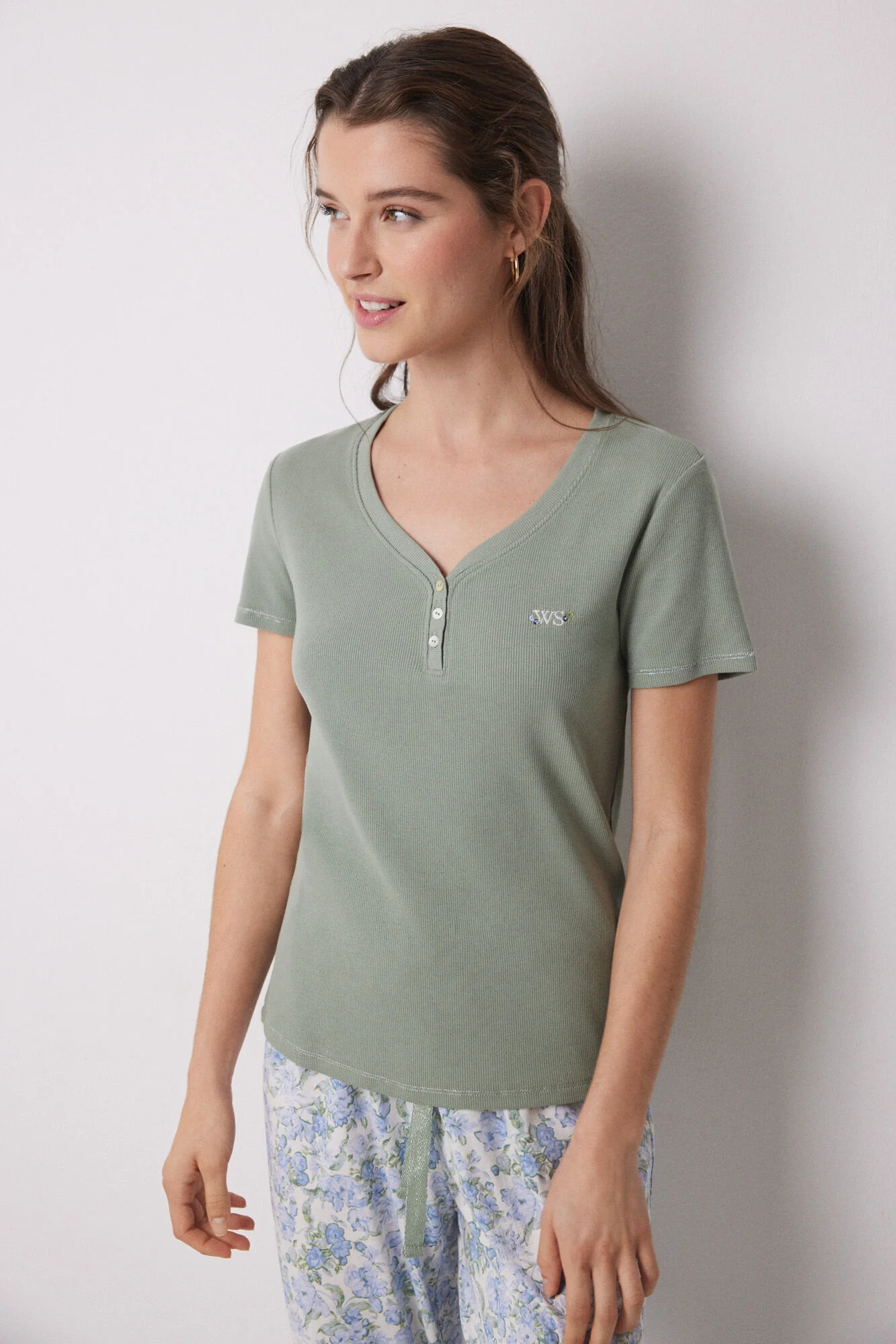 100% cotton ribbed green flower pajamas - Image 3
