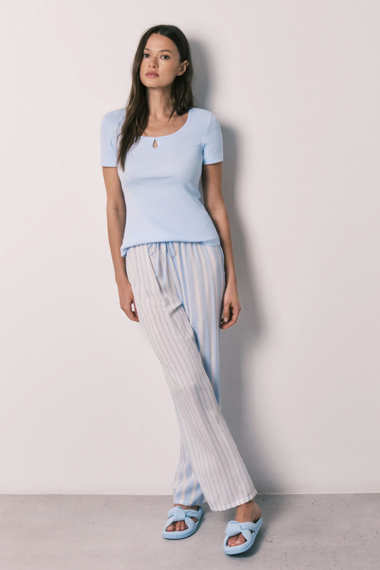 Blue cotton and viscose short sleeve long pyjamas