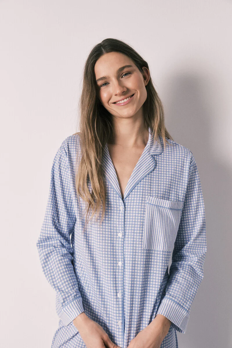 Blue cotton classic long gingham print pyjamas - Image 2
