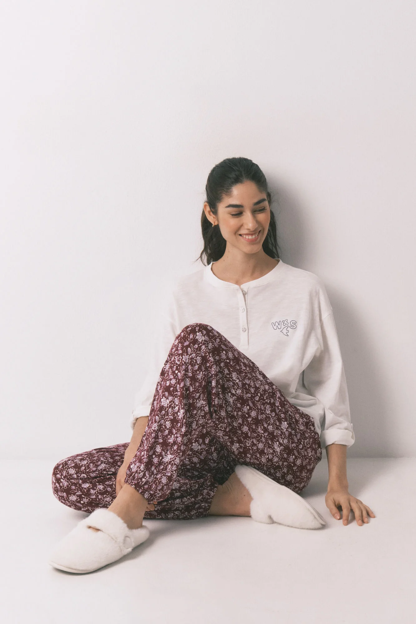 Burgundy long floral print trousers