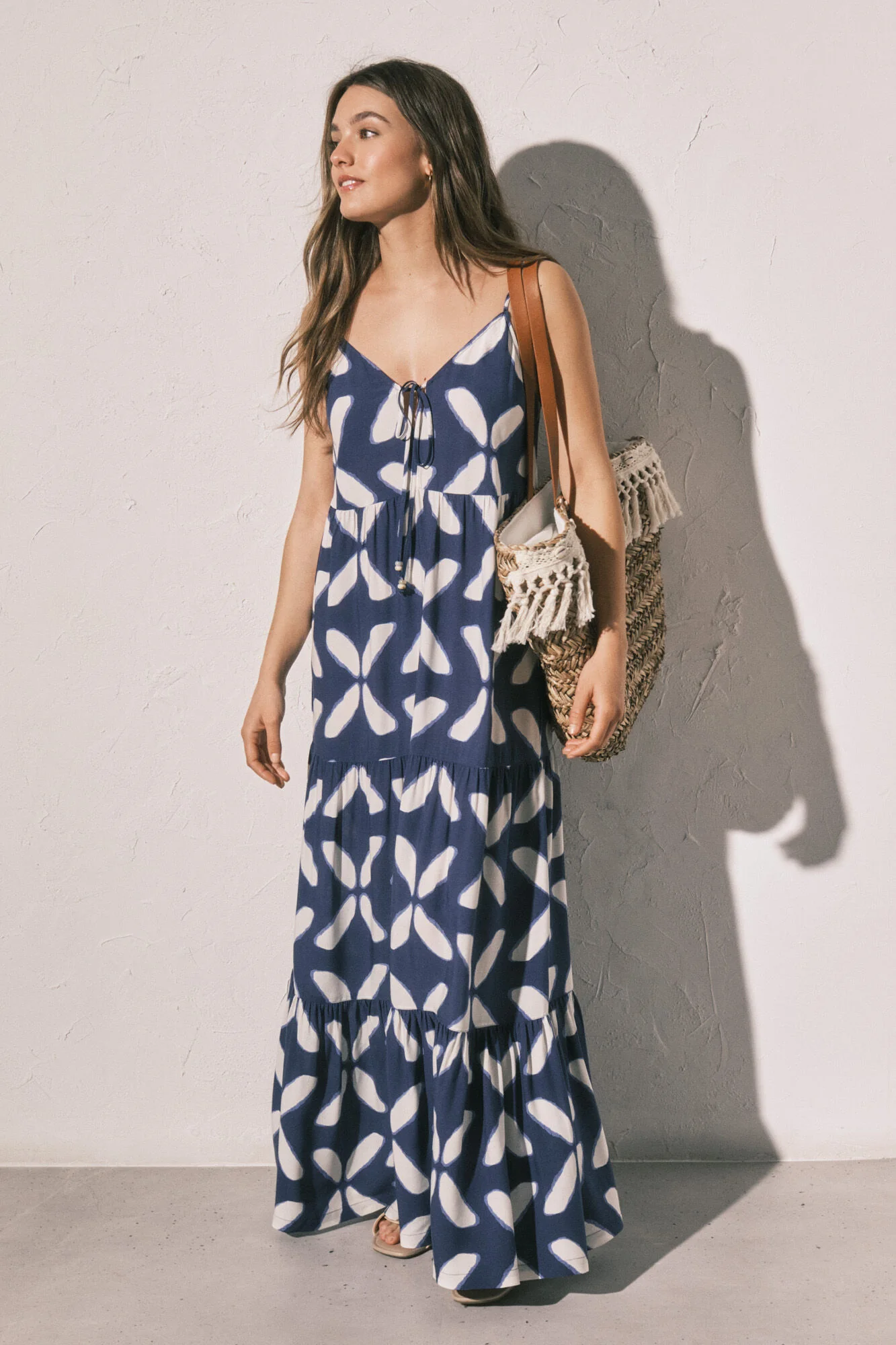Geometric print strap long dress