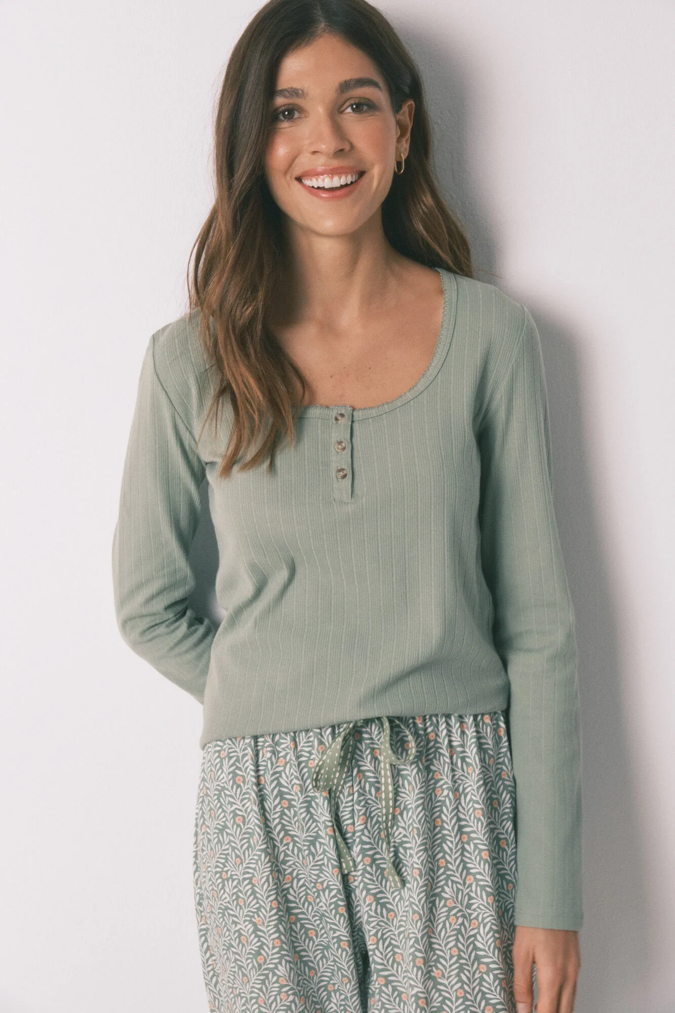 Green cotton floral print long pyjamas
