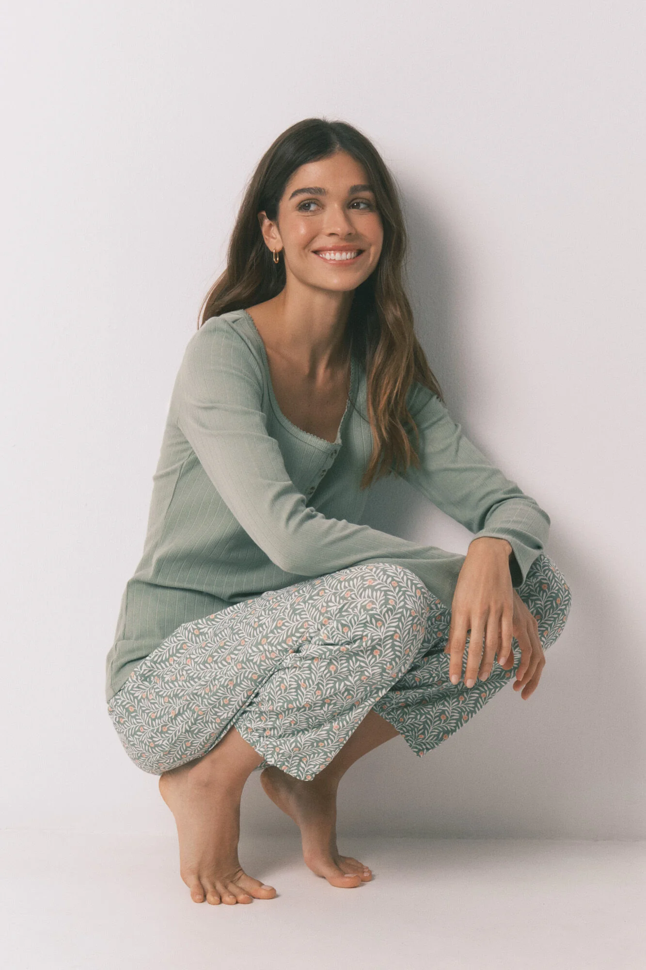 Green cotton floral print long pyjamas - Image 3