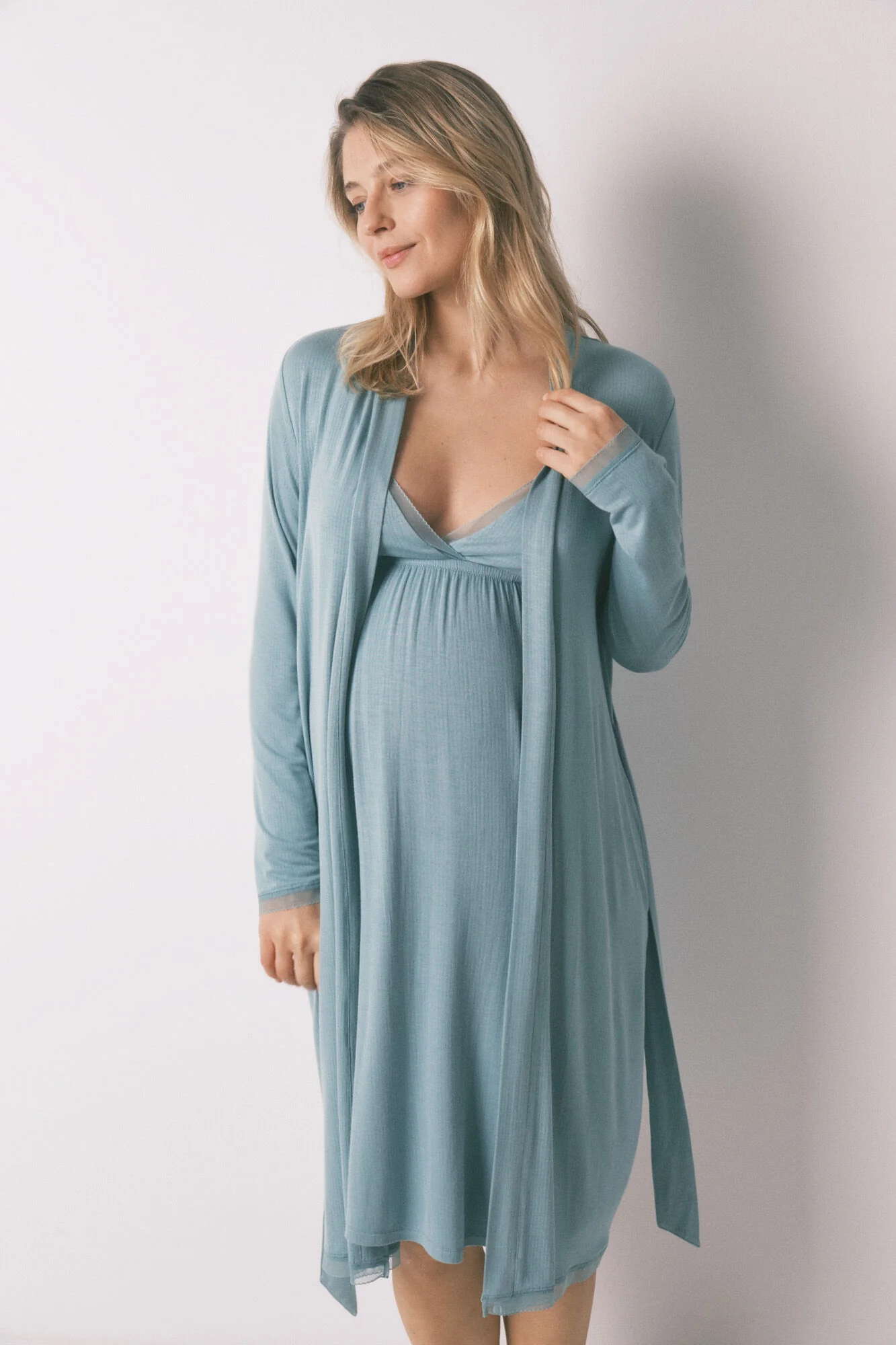 Green ribbed belt long robe maternity - Image 2