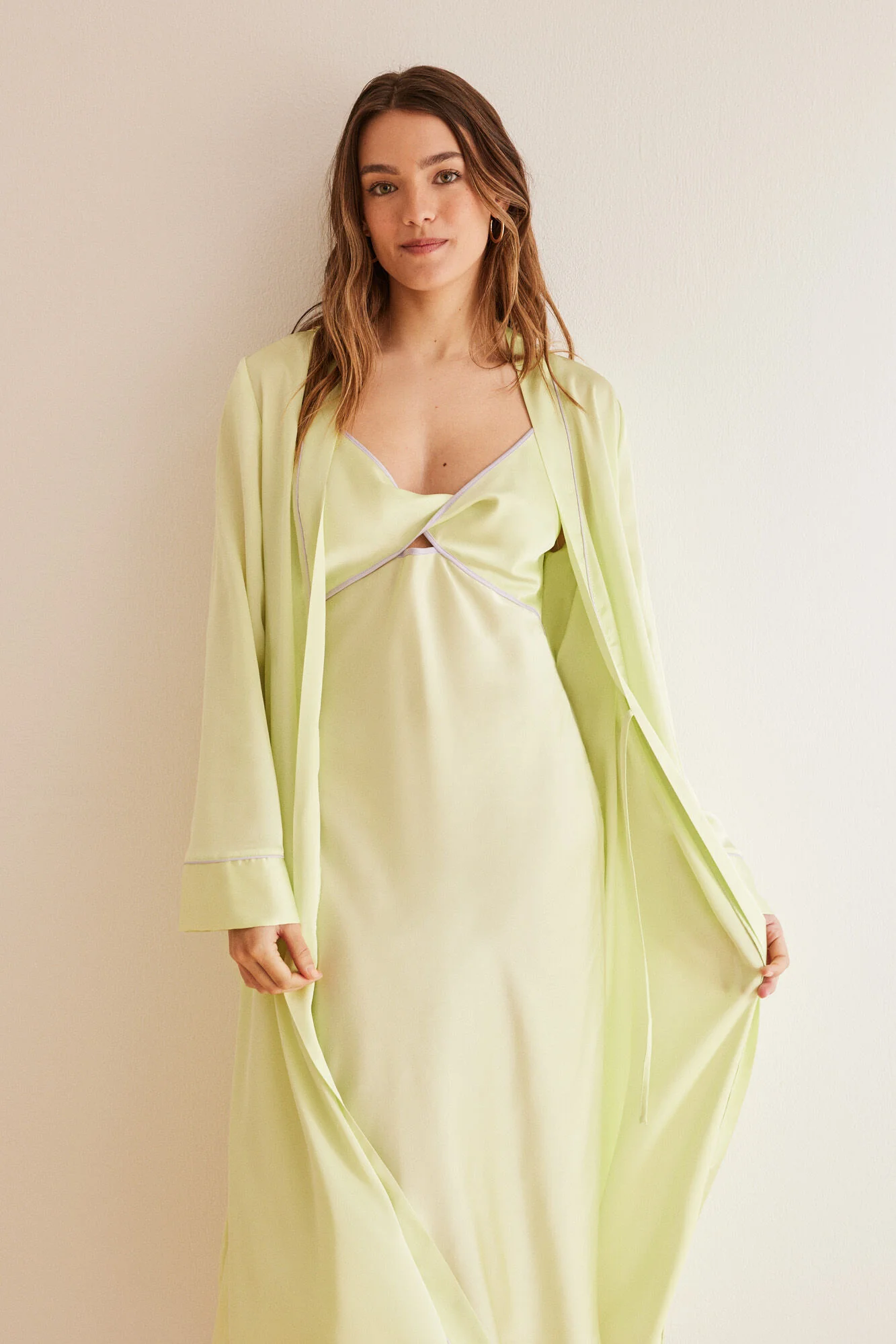 Green satin kimono robe