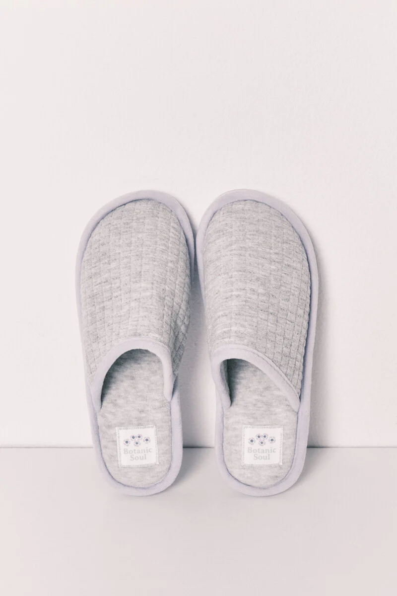 Grey and purple house slippers