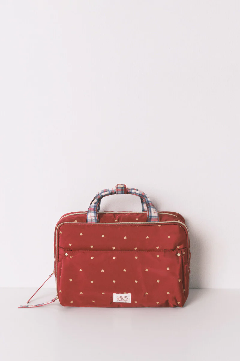 Large red nylon vanity case with heart print