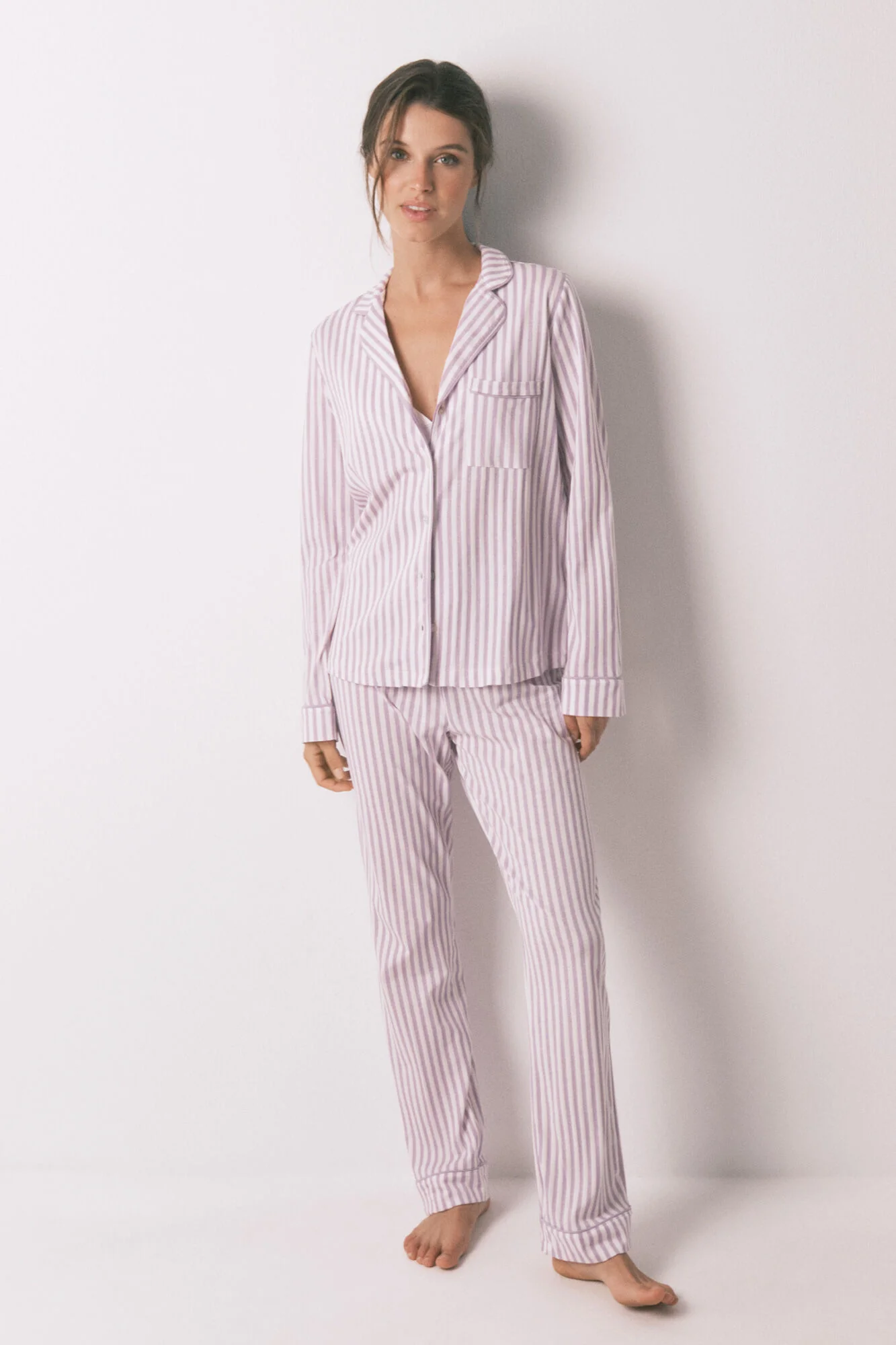 Long 100% cotton classic pyjamas with lilac striped - Image 3