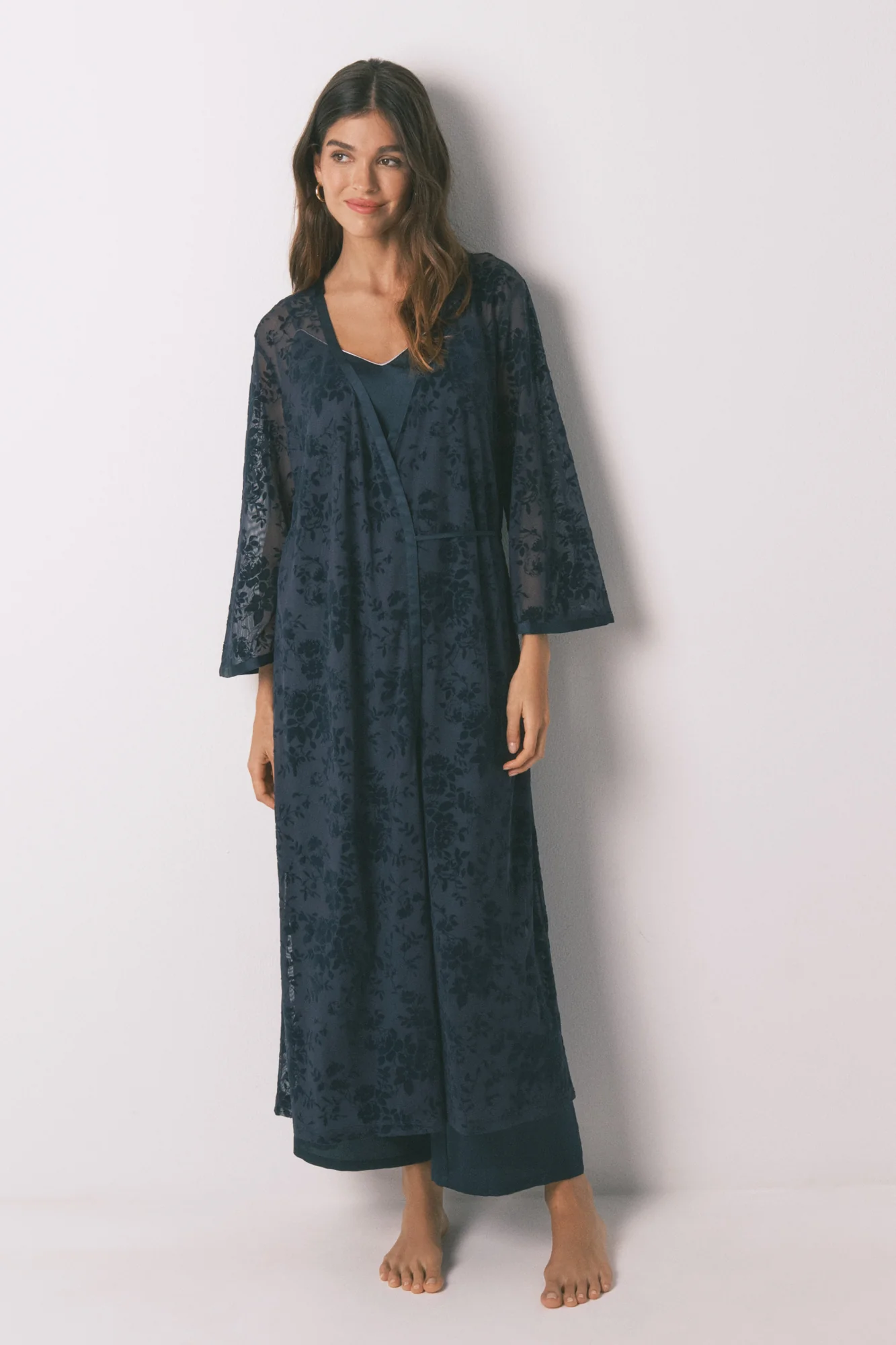Long loose blue satin robe