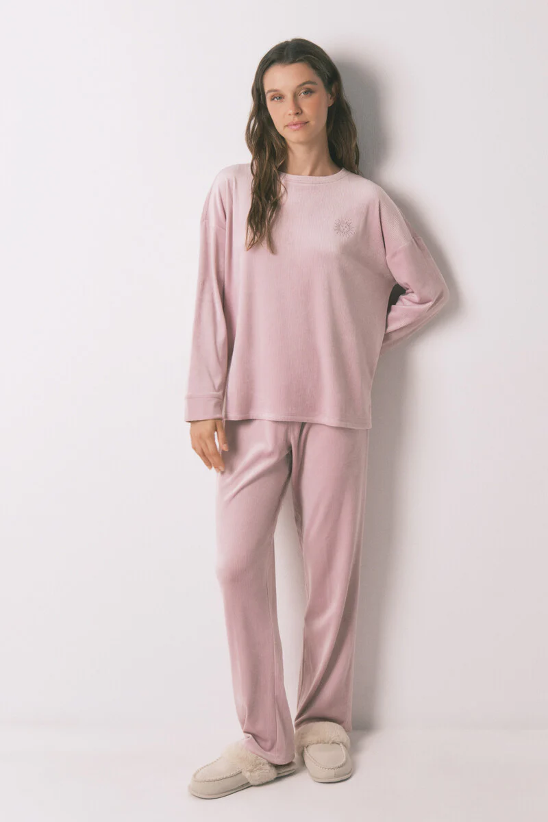 Long pyjamas pink velvet ribbed pajamas