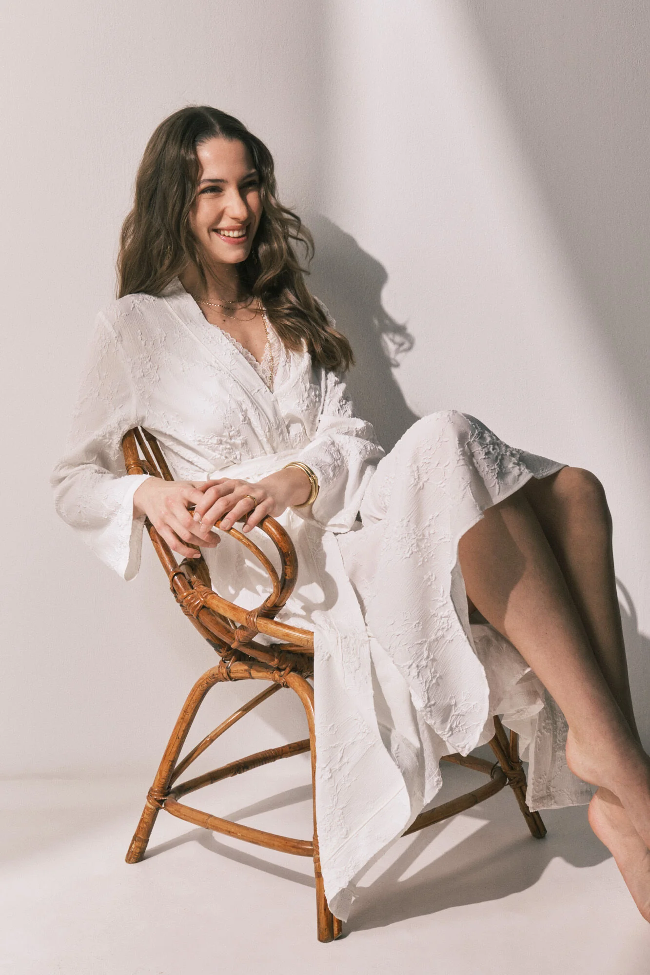 Long satin jacquard robe in White - Image 9
