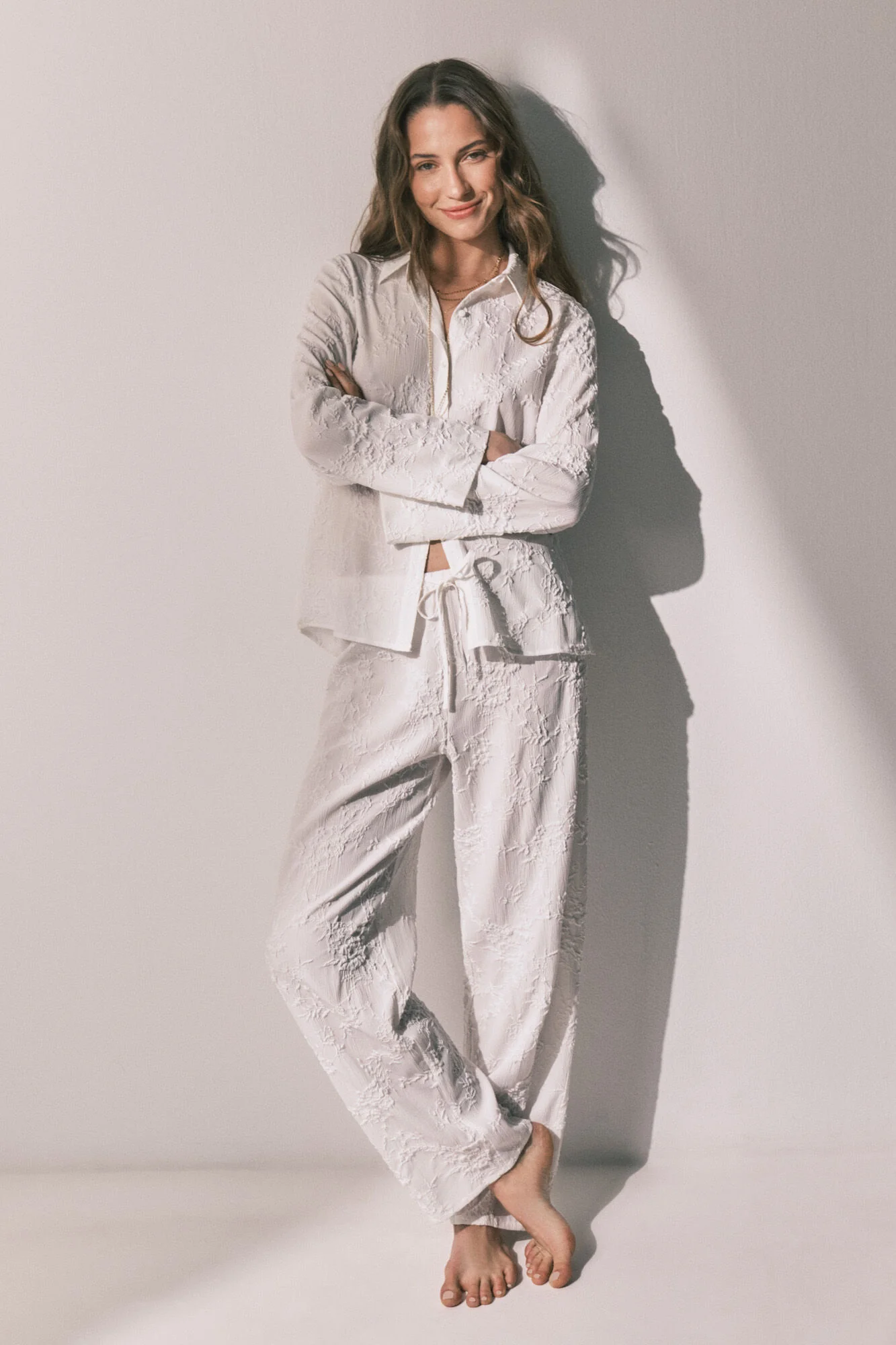 Long satin jacquard shirt pyjamas in White