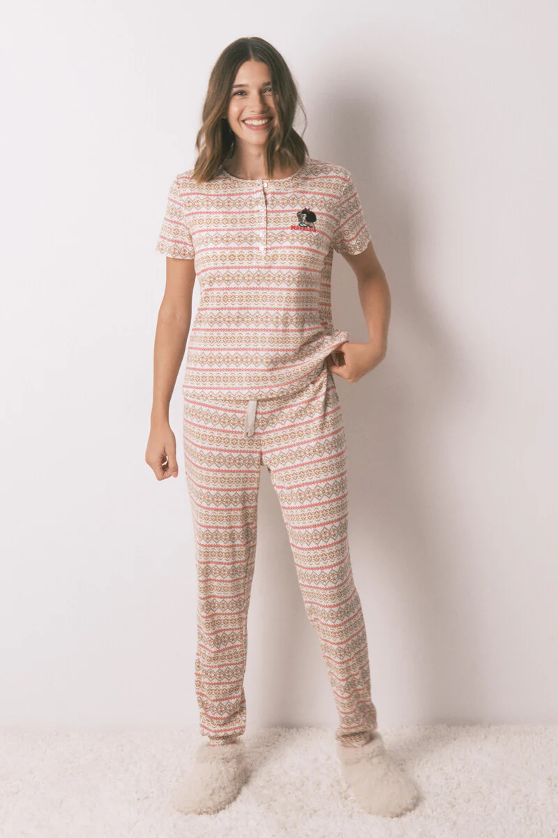 Long waffle-textured plush pajamas with borders Mafalda - Image 2