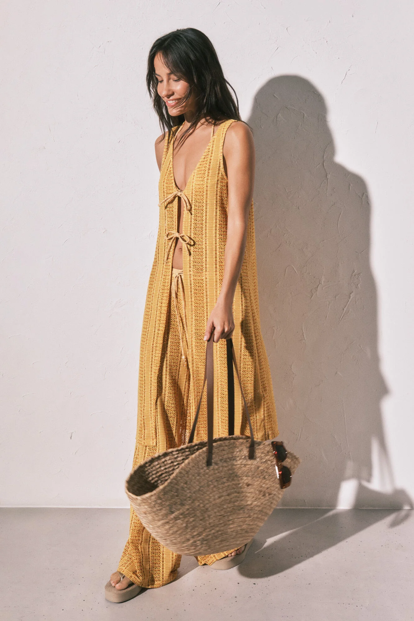 Multicoloured crochet long open tunic