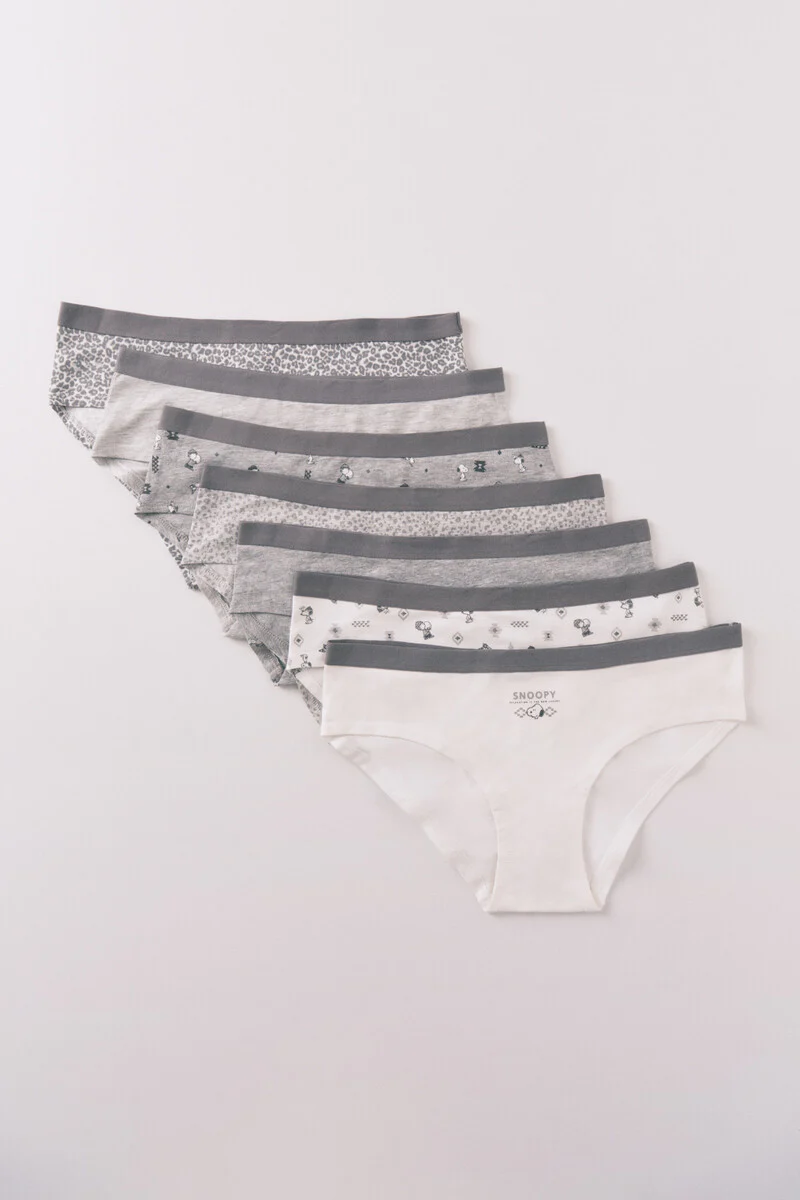 Pack of 7 grey cotton Snoopy culottes panties