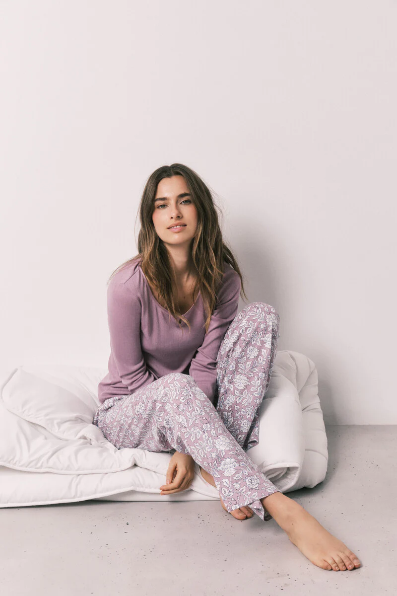 Pink floral print long pyjamas