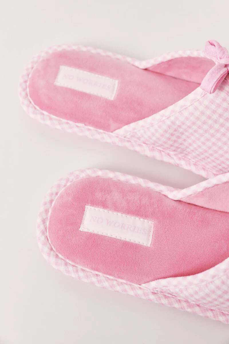 Pink gingham checkered house slippers with bow - Image 2