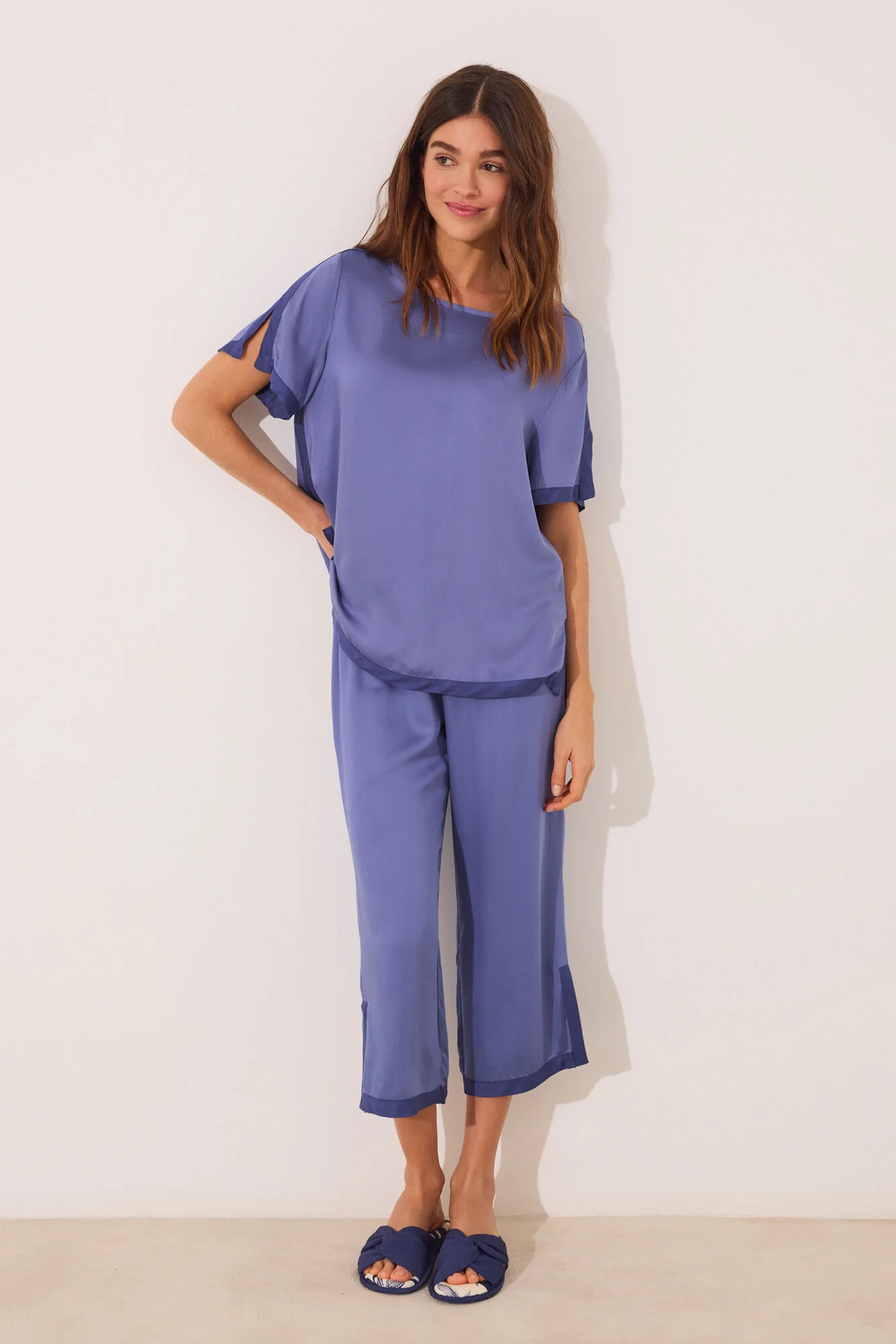 Plain blue satin pyjamas