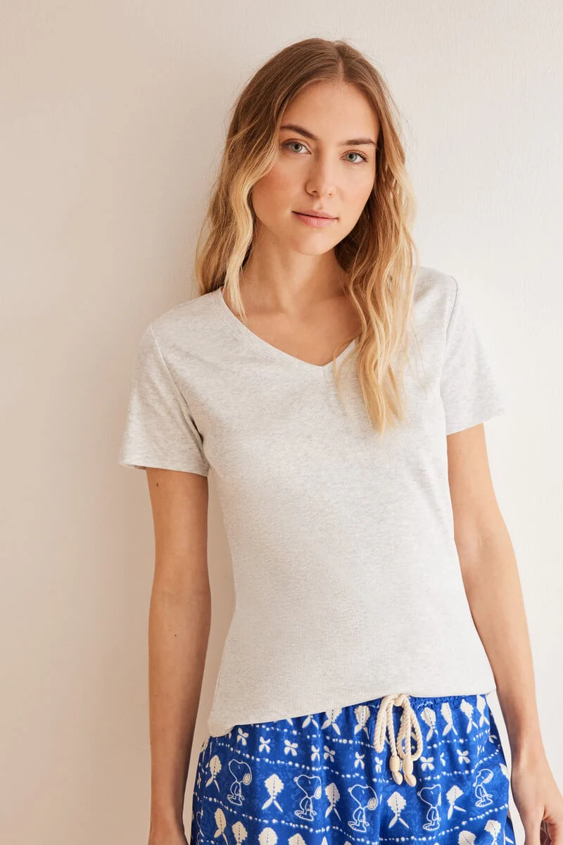 Ribbed grey short-sleeved T-shirt