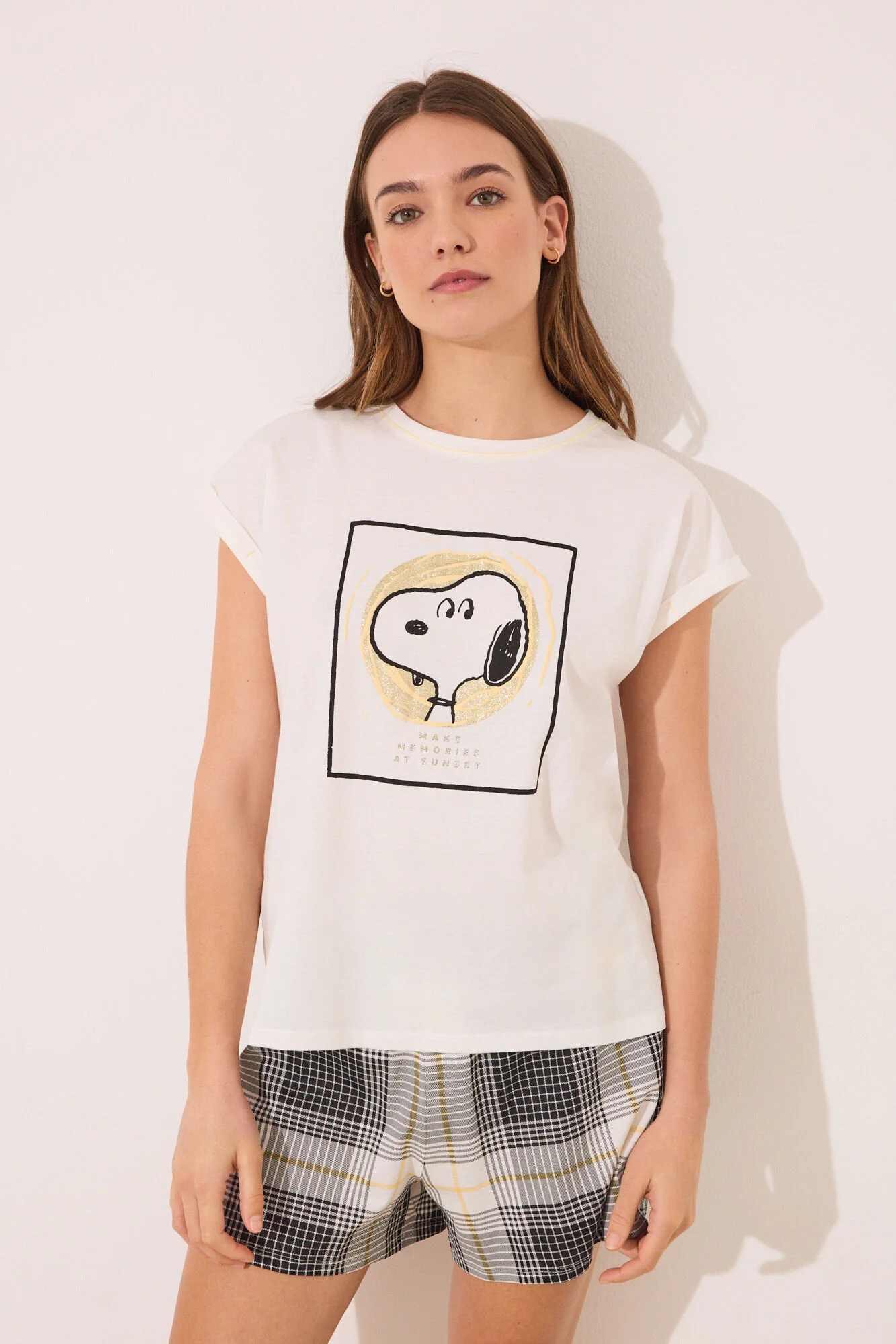 Snoopy cotton short pyjamas with checkered pattern - Image 3