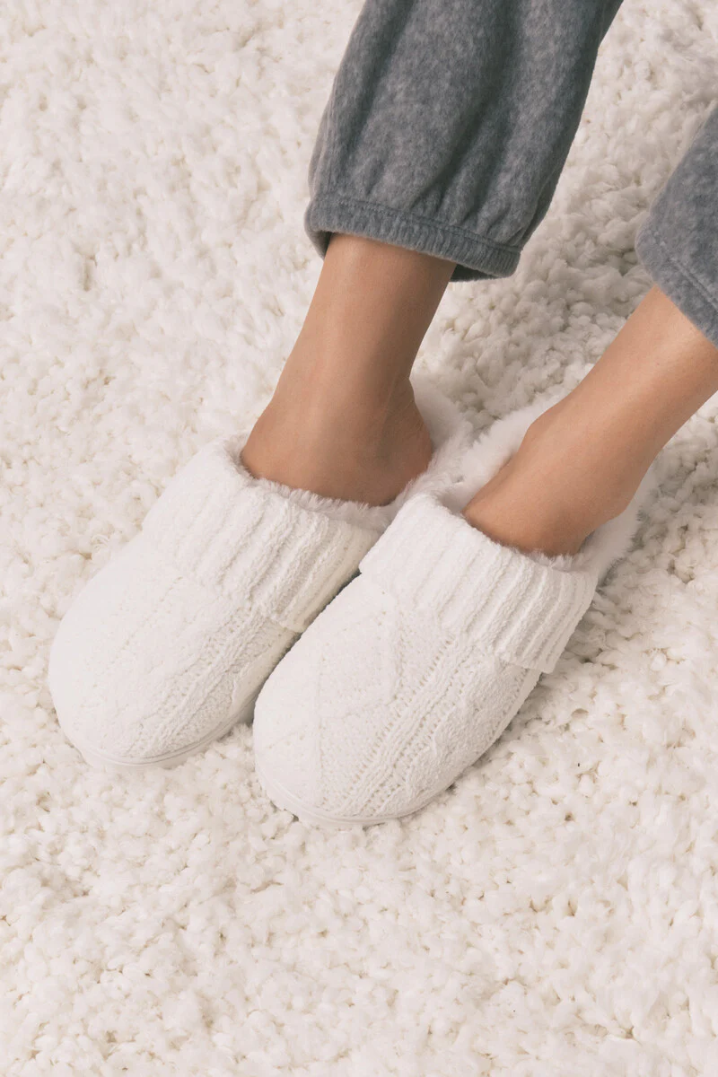 White tricot jersey-knit slippers