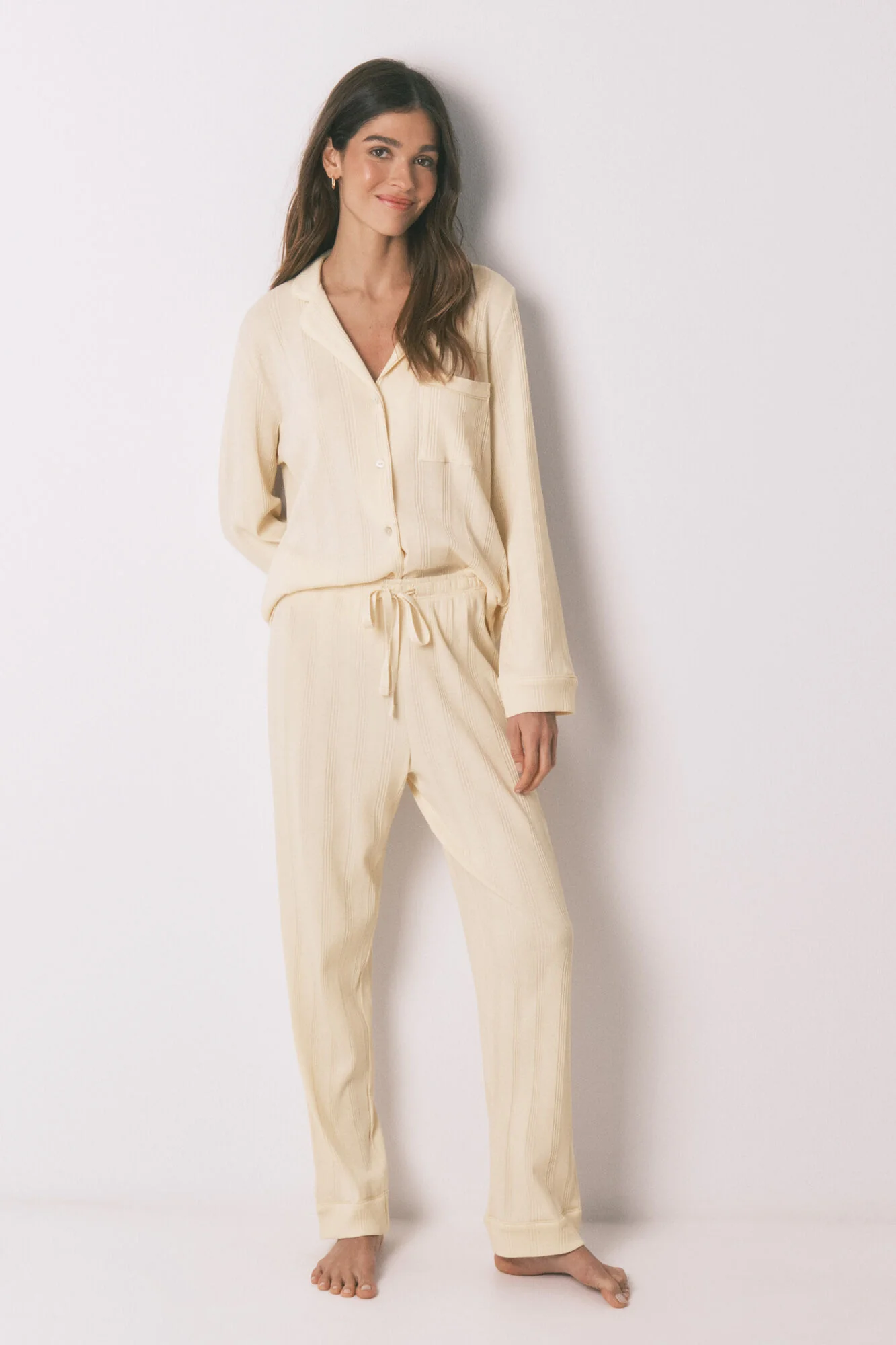 Yellow ribbed cotton classic long pyjamas